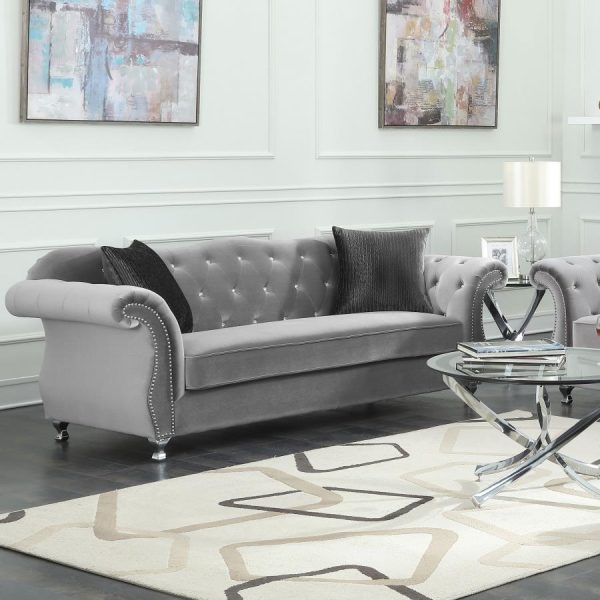 Frostine - Upholstered Rolled Arm Tufted Sofa - Silver Online