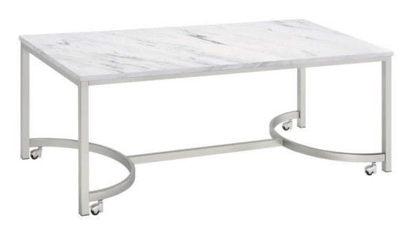 Leona - Faux Marble Coffee Table With Casters - Satin Nickel Cheap