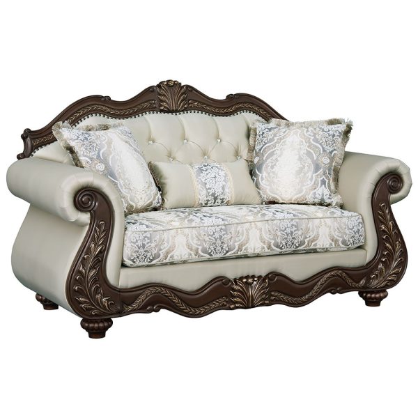 Pierce - Loveseat With 3 Pillows - Beige Fabric & Cherry Finish Online now